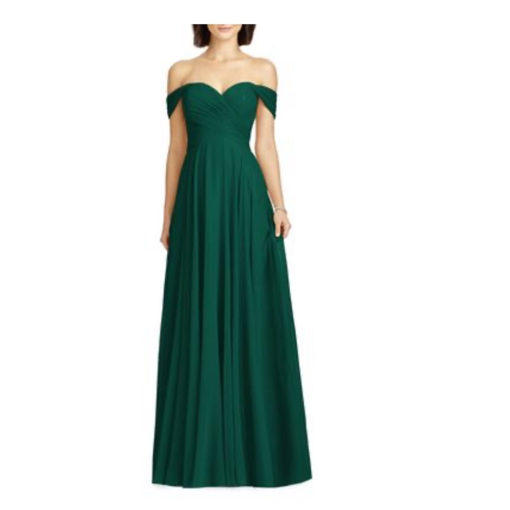 Dessy Collection Lux Off the Shoulder Chiffon Gown in Hunter Green